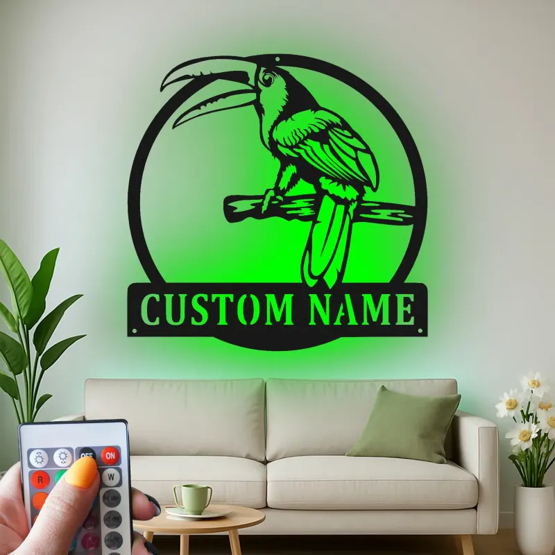 Toucan Metall-Wandkunst mit LED-Licht | Personalisierbares tropisches Vogelschild für Patio & Garten Dekor | Geschenk für Vogel-Liebhaber
