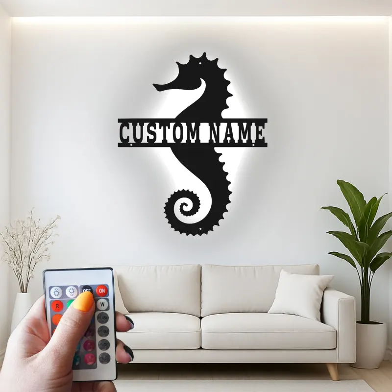 Panneau Métal LED Hippocampe Personnalisé | Décoration Murale Nautique Personnalisée | Décor Maison de Plage & Cadeau pour Amoureux de l'Océan