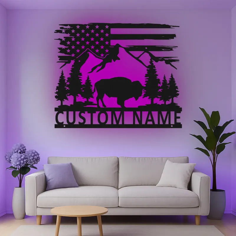 Custom Bison and Mountains Led Light Metal Wall Art Personalized Nature Lover Gift Rustic Cabin Decor