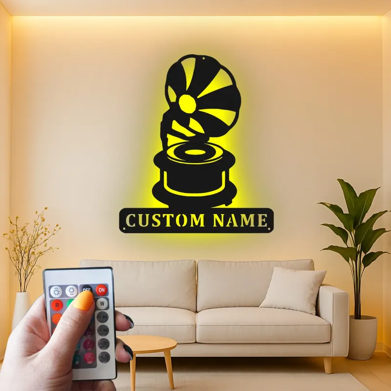 Personalisierte Vintage Phonograph LED Licht Metall-Wandkunst Geschenk für Musikliebhaber, Retro-Wohnzimmer-Dekor
