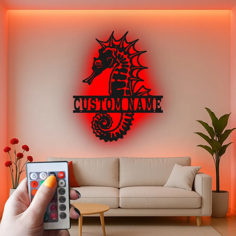 Insegna in metallo personalizzata con cavalluccio marino e LED | Arte murale nautica personalizzata | Decorazione per casa al mare e targhetta per soggiorno costiero