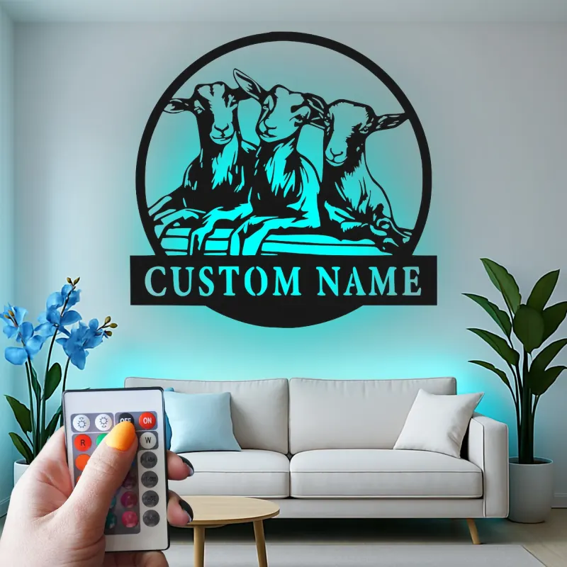 Cartel de metal de cabra personalizado con LED | Decoración mural farmhouse personalizada | Decoración rústica de granero y regalo para amantes de las cabras