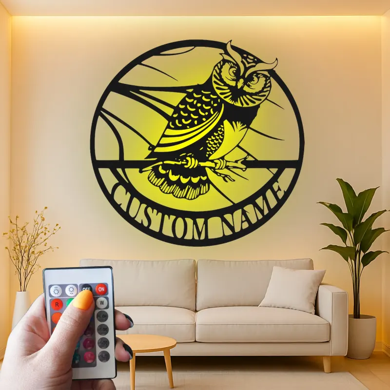 Great Horned Owl Metal Wall Art | Personalized LED Name Sign | Custom Bird Silhouette Decor for Home & Office | Nature Lover Gift