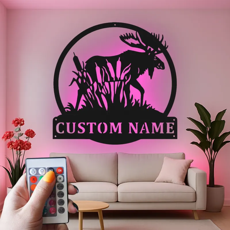 Insegna in metallo LED personalizzata con alce - Regalo per amanti della natura e decorazione per cabine
