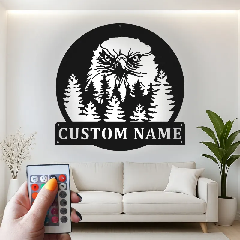 Cartel de metal LED personalizado de águila en el bosque, regalo para amantes de la naturaleza, decoración rústica de cabaña