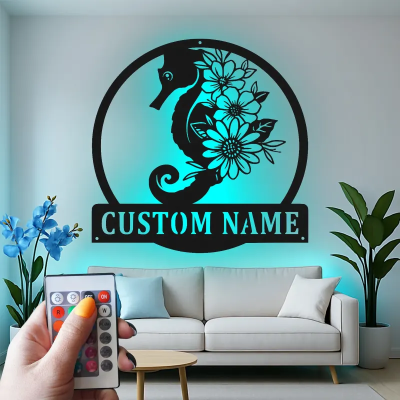 Insegna Personalizzata con Cavalluccio Marino | Insegna in Metallo LED | Decorazione Costiera per Casa al Mare | Regalo per Amante del Mare