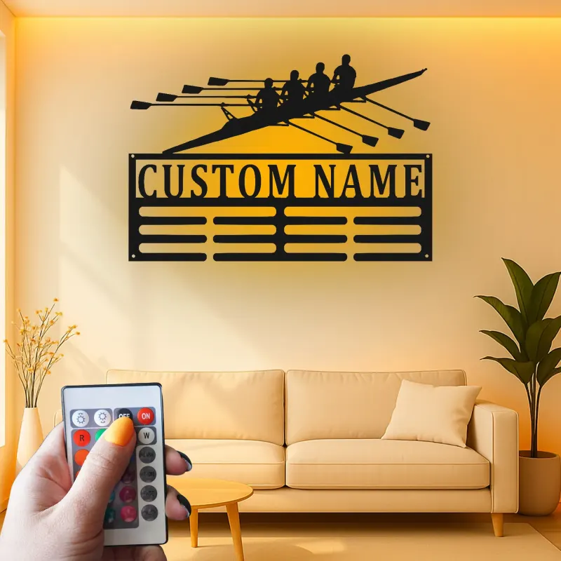 Personalisierte Ruder-Team-Schild | Individuelle Ruder-LED-Metall-Wandkunst | Geschenk für Trainer | Bootshaus- & Fitnessstudio-Dekor