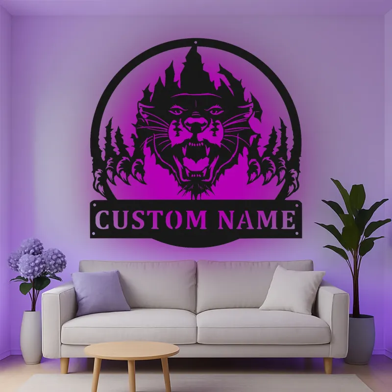 Insegna in metallo LED personalizzata con pantera, regalo per amanti della fauna selvatica, decorazione rustica per cabin