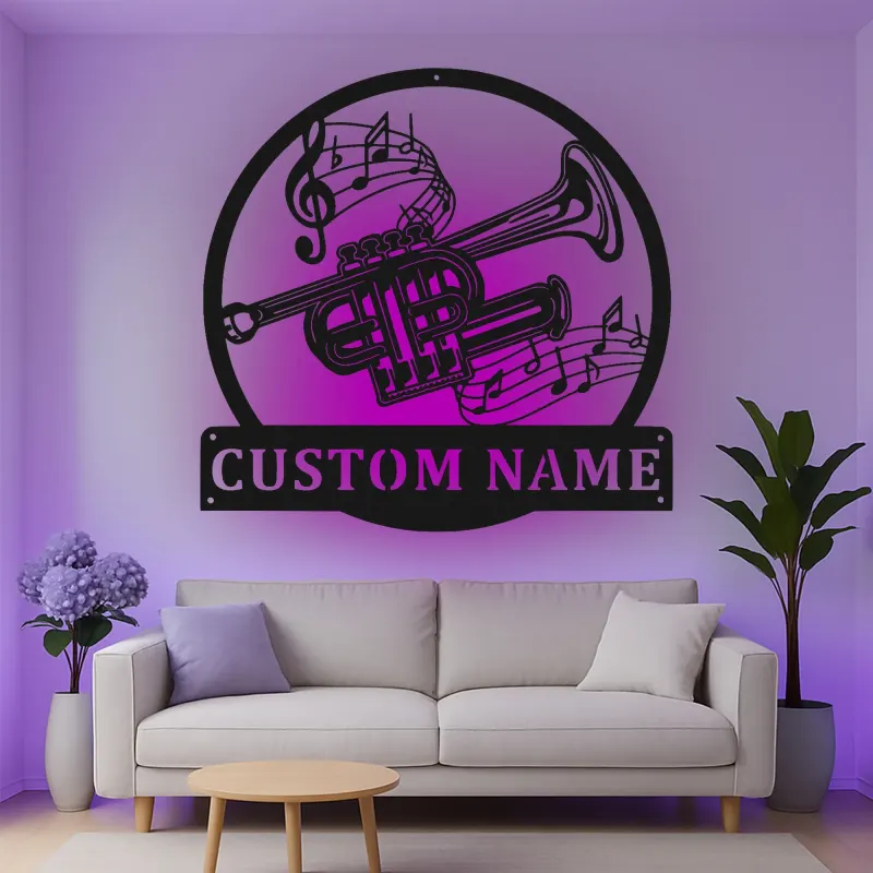 Cartel de metal LED personalizado de trompeta, regalo para músicos, decoración de sala de música