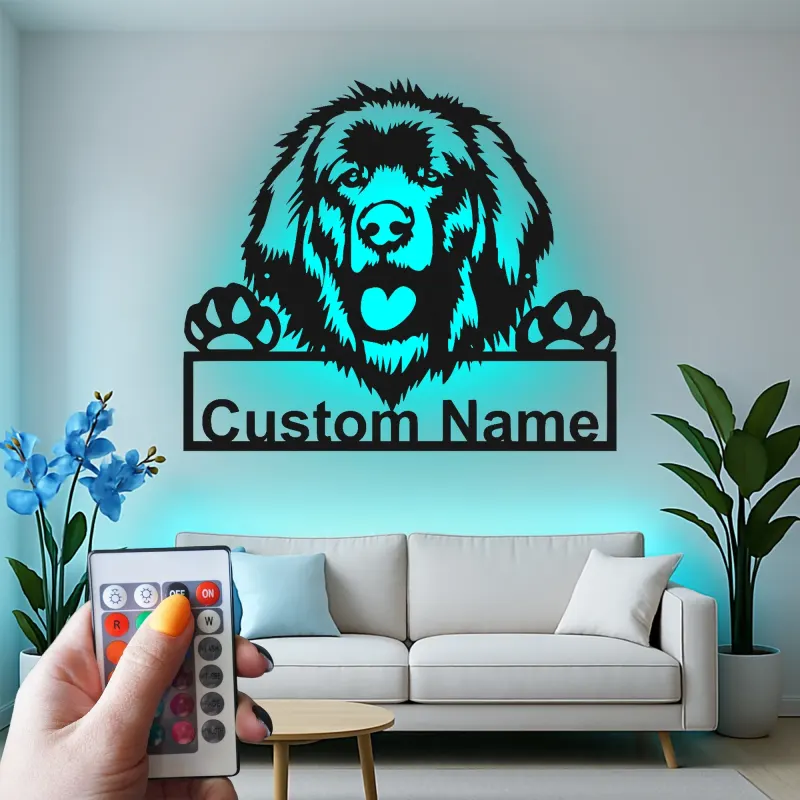 Cartel de metal personalizado con luz LED de perro de Terranova, regalo para padres de mascotas, decoración de salón o entrada 1