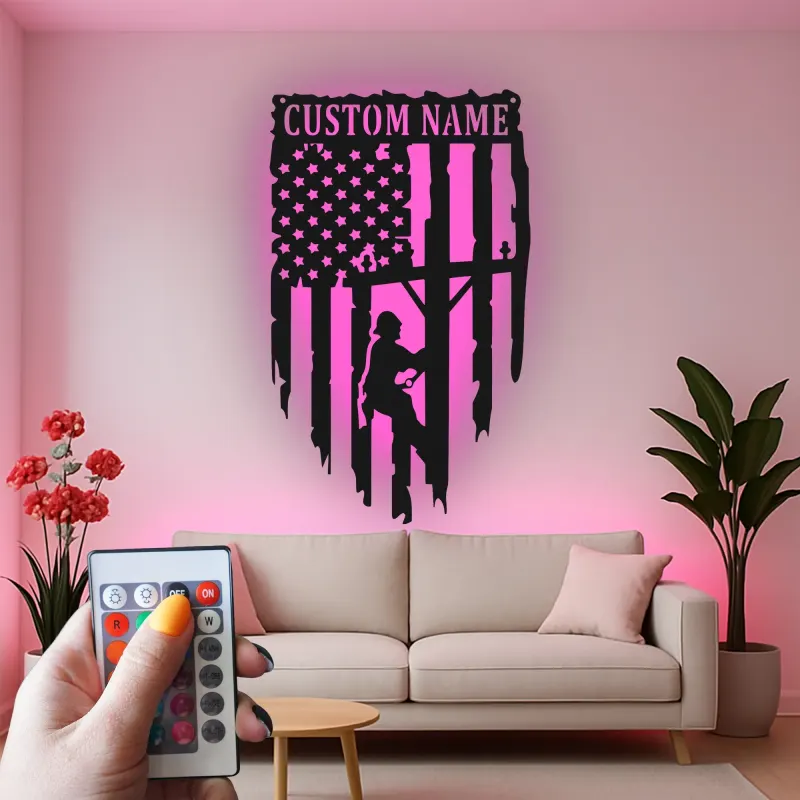 Bandera americana personalizada para liniero | Decoración mural de metal LED para electricistas | Regalo patriótico para trabajador de servicios públicos | Cartel con nombre personalizado