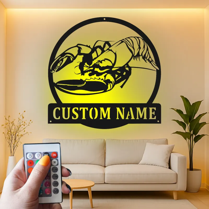 Insegna in metallo LED personalizzata con aragosta | Decorazione per cucina costiera personalizzata | Arte murale per casa al mare e regalo per pescatori