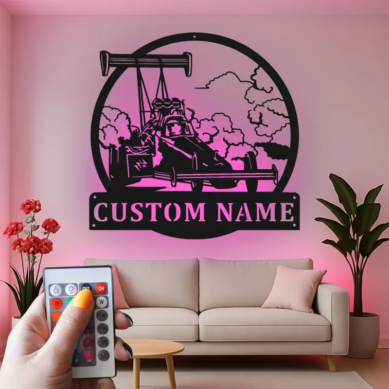 Cartel de metal personalizado con coche de carreras dragster con luz LED, regalo personalizado para entusiastas de los coches, decoración para garaje