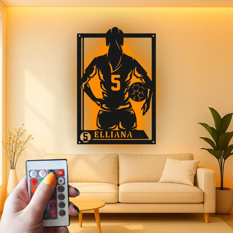Cartel de metal personalizado con luz LED de jugador de fútbol, regalo personalizado para aficionados al fútbol, decoración para dormitorio deportivo