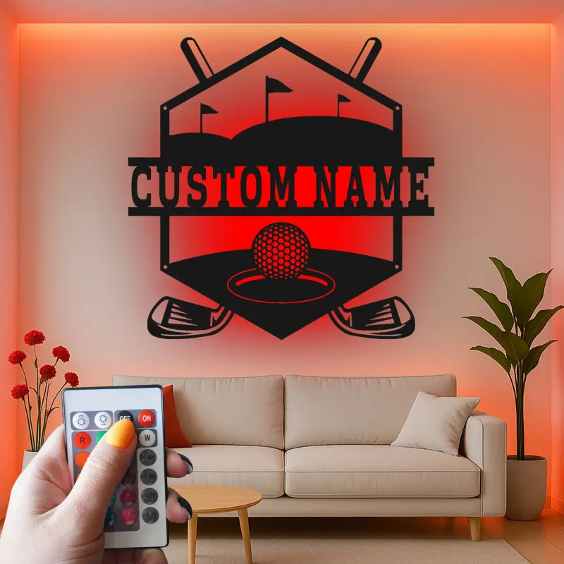 Insegna da golf personalizzata con luce LED | Arte con nome in metallo su misura per parete | Decorazione per home bar e sala giochi | Regalo per golfista