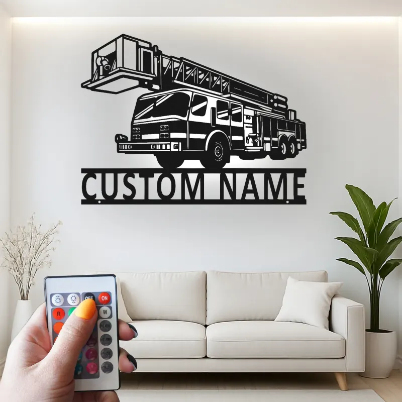 Panneau LED camion de pompiers personnalisé | Décoration murale en métal pour pompier | Décor de caserne | Cadeau pour premier intervenant