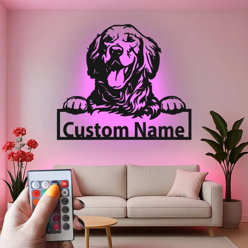 Insegna in metallo LED personalizzata per mamma di cani Golden Retriever, regalo per il soggiorno