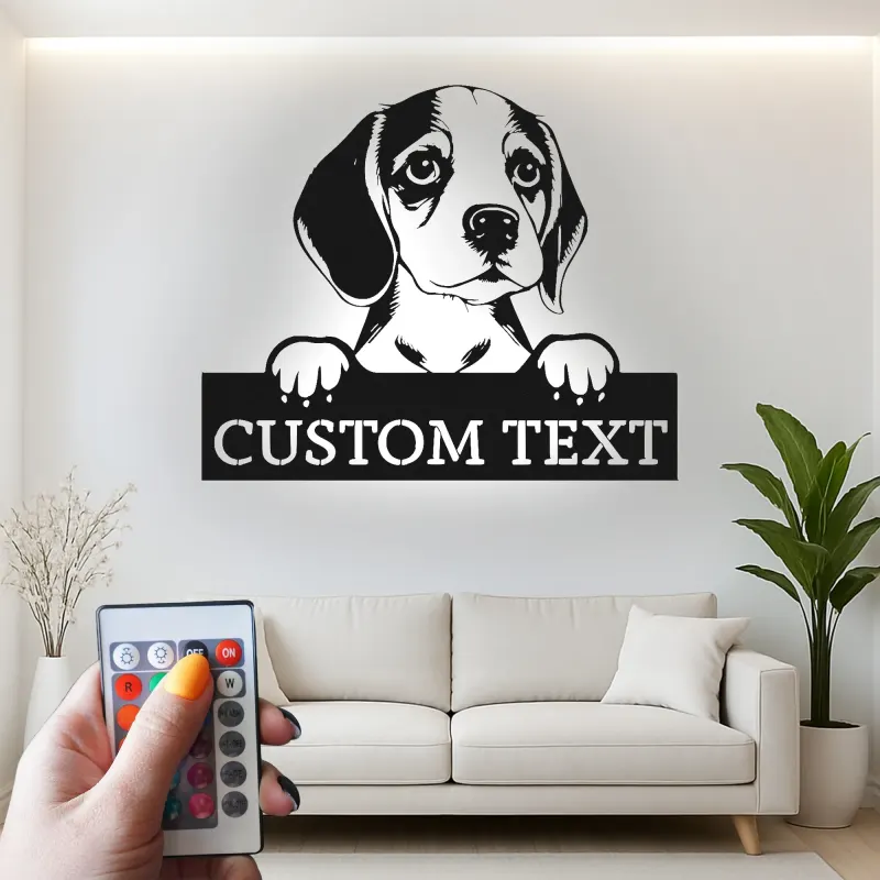 Arte murale LED in metallo personalizzata con beagle | Insegna con silhouette di cucciolo personalizzata | Decorazione luminosa premium regalo per amanti dei cani