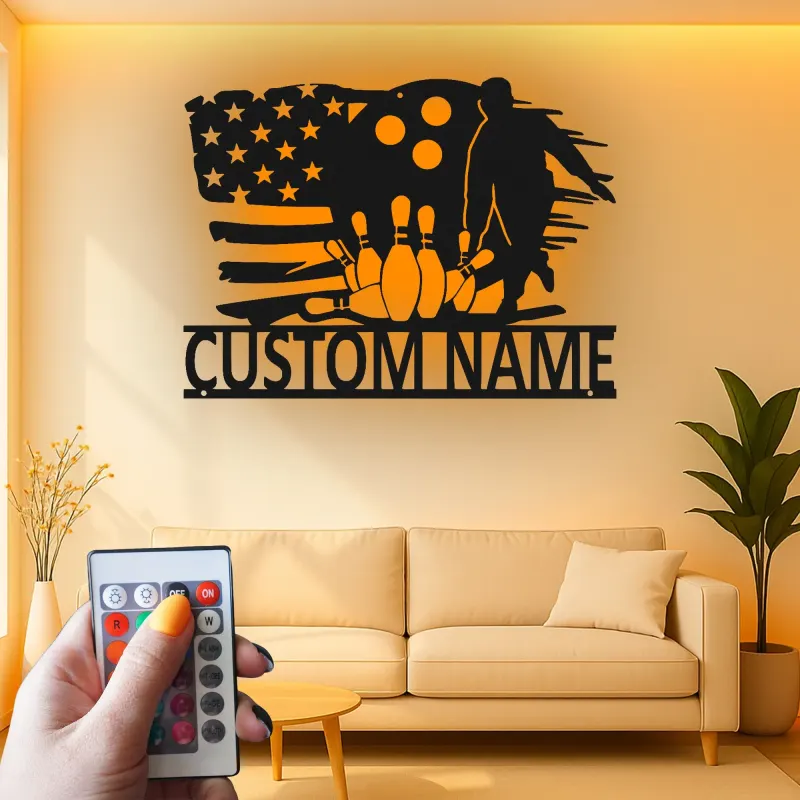 Insegna in metallo personalizzata con luce LED per giocatori di bowling - Regalo personalizzato per appassionati di bowling e decorazione per sale giochi e sport 1