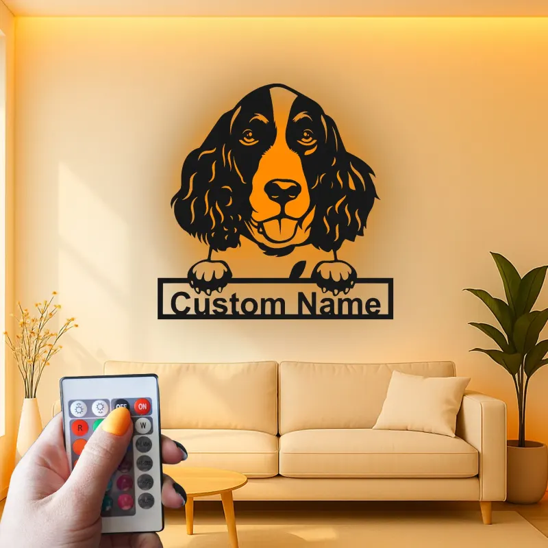 Cartel de metal LED de Springer Spaniel personalizado, regalo para amantes de perros, decoración de sala de estar