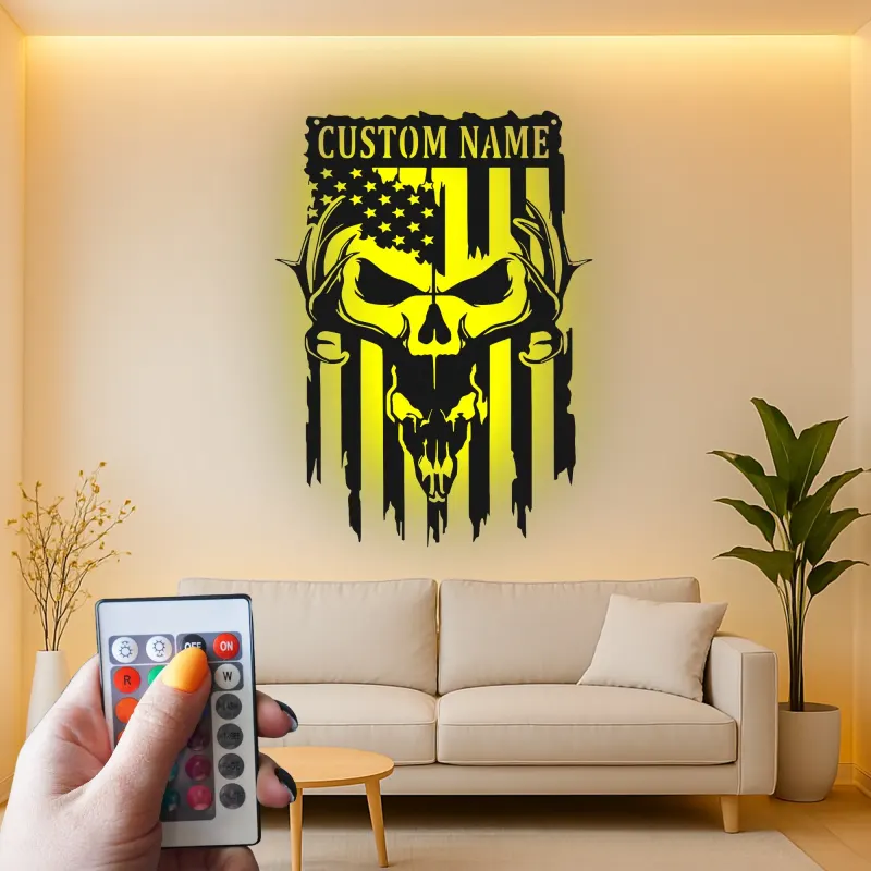 Insegna in metallo personalizzata con teschio di cervo e bandiera americana luce LED regalo per lui decorazione rustica per man cave