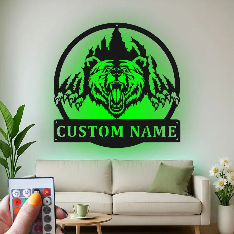 Personalisierte LED-beleuchtete Metall-Wandkunst mit Bären - Rustikales Geschenk für Tierliebhaber