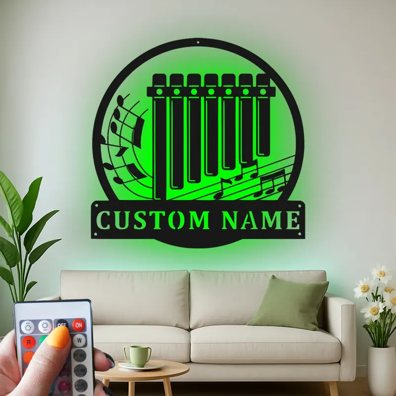 Insegna in metallo personalizzata a forma di pan flute | Arte murale musicale con LED | Regalo personalizzato per musicisti | Decorazioni per studio