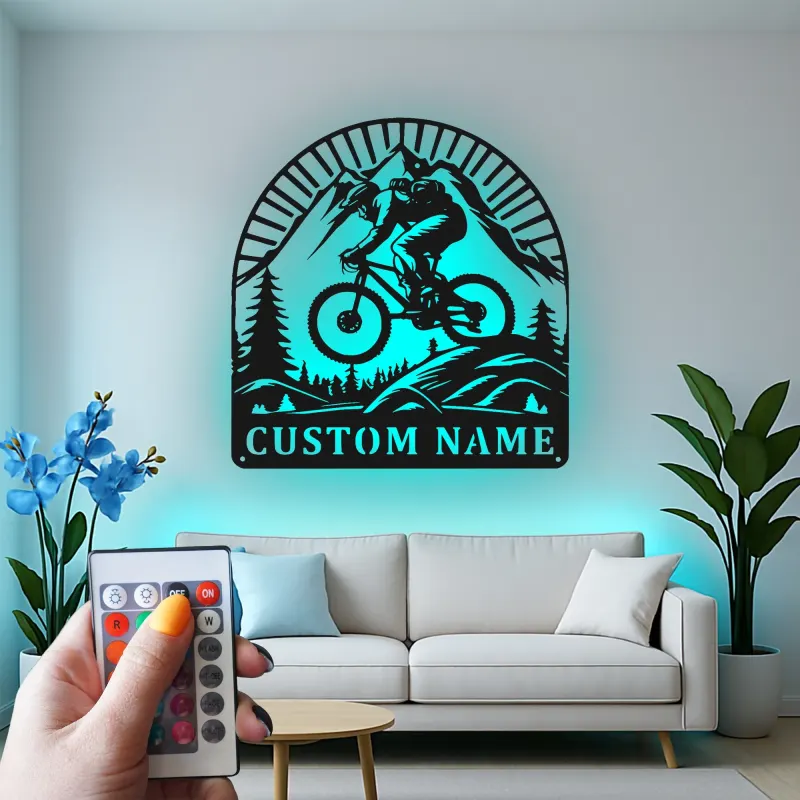 Custom Mountain Biker Metal Wall Art | Personalized Cyclist LED Sign | Outdoor Adventure Decor for Home & Garage | Gift for Him