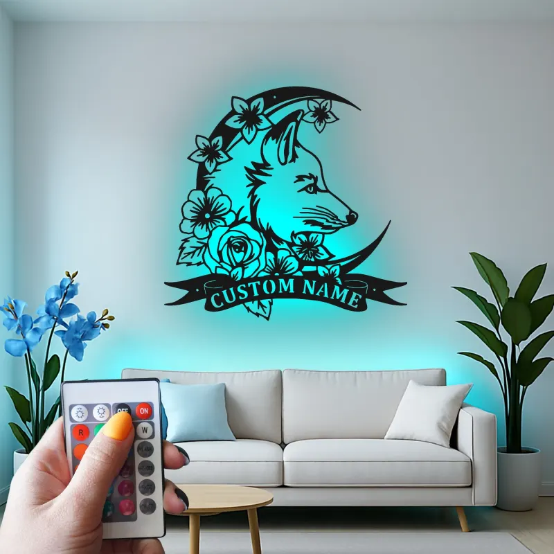 Personalized Fox LED Sign | Custom Metal Wall Art with Floral Moon | Boho Wildlife Decor for Nursery or Office | Hand-Crafted Gift