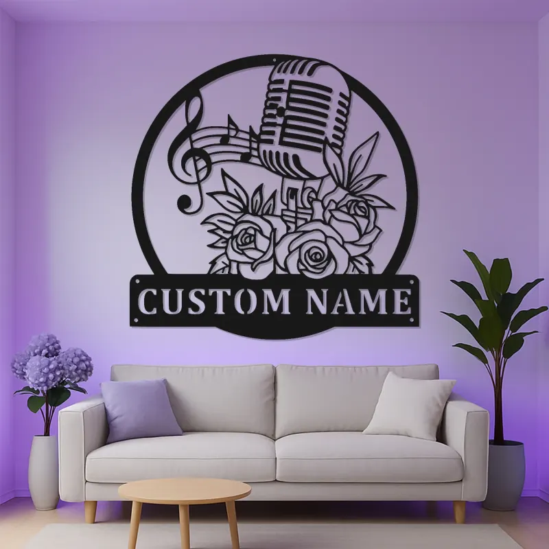 Panneau Métallique Microphone Personnalisé | Décoration Murale Art Déco Rétro | Cadeau Musicien Personnalisé | Décor de Studio de Musique Rétro