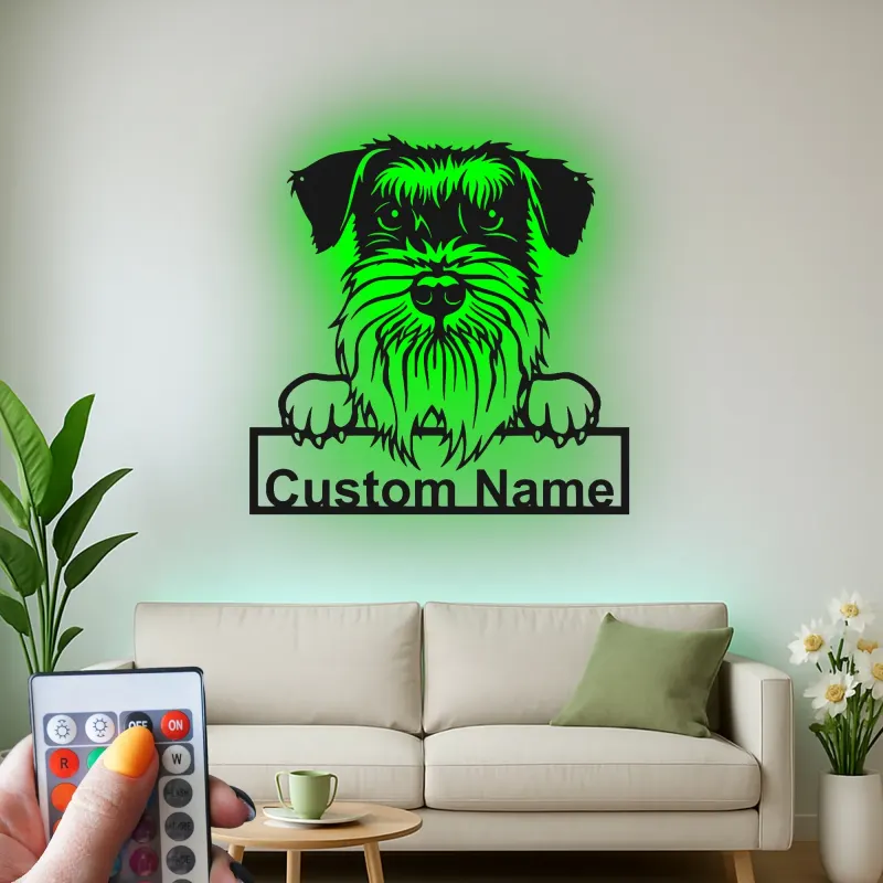 Insegna LED Schnauzer Personalizzata | Arte Murale in Metallo | Regalo per Amanti dei Cani, Decorazione Moderna per Casa e Clinica