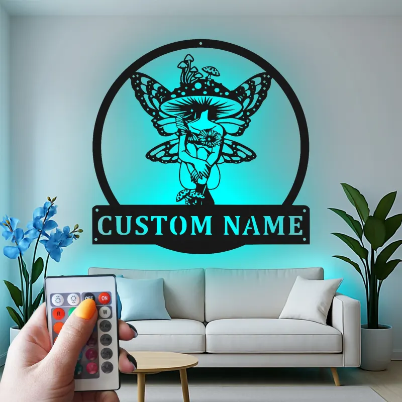 Cartel de nombre de hada personalizado | Arte mural de metal LED | Decoración de setas místicas para dormitorio | Regalo personalizado para amantes de hadas