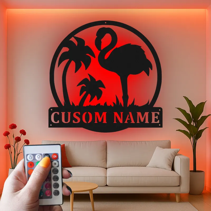 Cartel LED de flamenco personalizado | Arte mural de metal personalizado | Decoración tropical para patio y salón