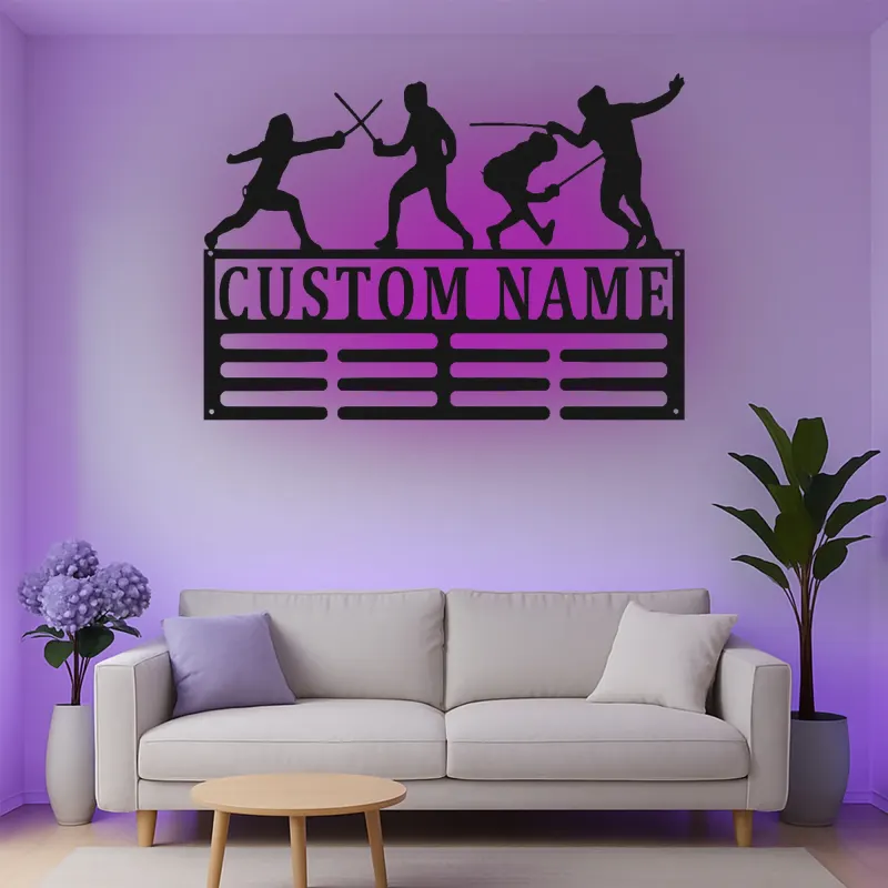 Décoration murale en métal personnalisée - Silhouette d'escrimeur avec rétroéclairage - Cadeau unique pour escrimeur