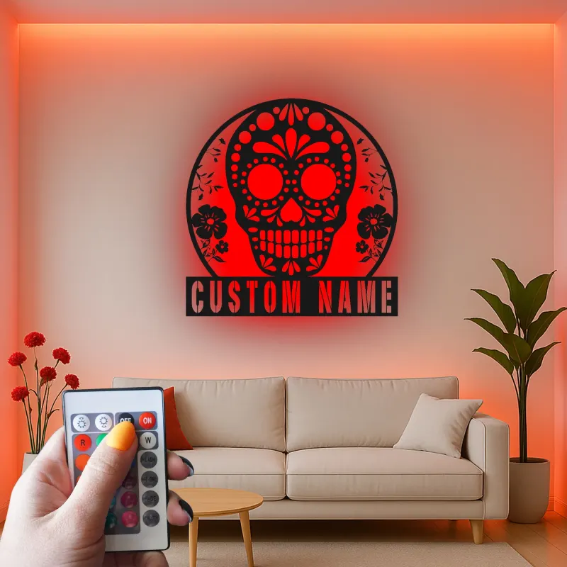 Personalized Sugar Skull Metal Sign | Custom Calavera LED Wall Art | Day of the Dead Decor | Gothic Floral Home Gift