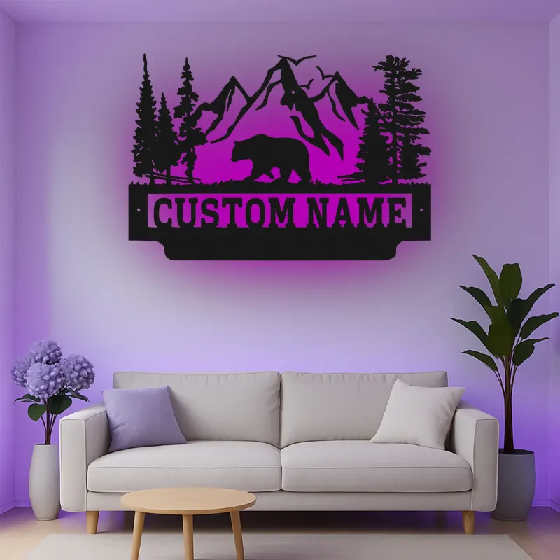 Cartel de metal LED de oso de montaña personalizado, regalo para amantes de la naturaleza, decoración de cabaña o refugio