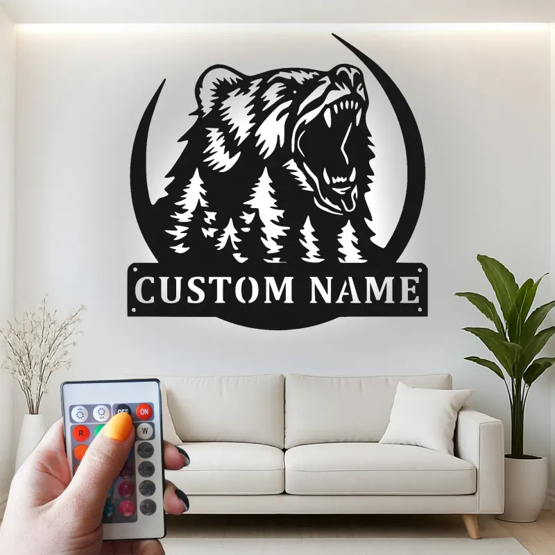 Cartel de metal LED de bosque de osos personalizado Regalo para entusiastas del aire libre Decoración de cabaña o lodge