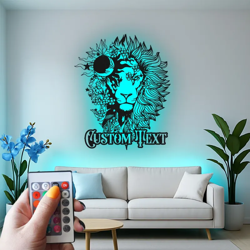 Lion Metal Wall Art with LED Light | Custom Floral Name Sign | Boho Celestial Wildlife Decor for Home & Office