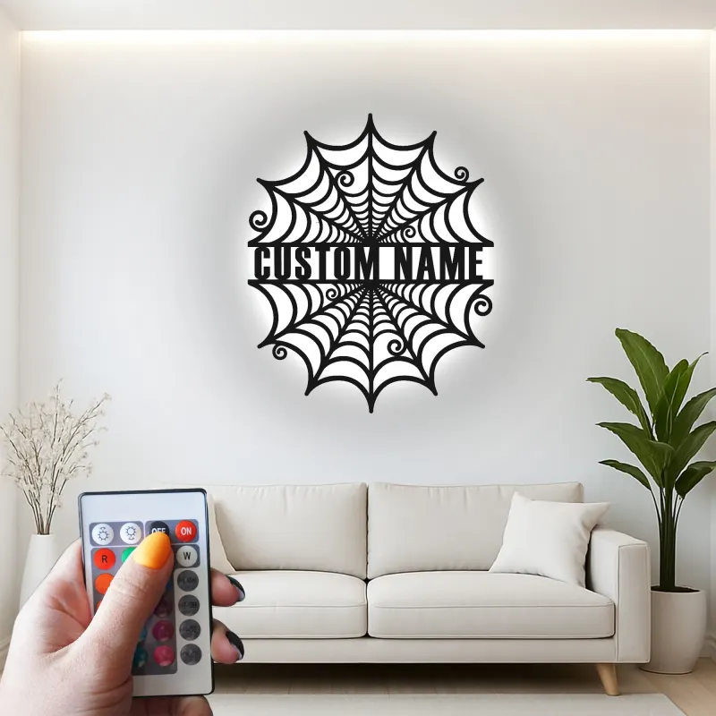 Personalisierte Spinnenweben-Metallschild | Personalisierte Gothic LED-Wandkunst | Gruseliges Halloween-Dekor Geschenk für Zuhause oder Geschäft