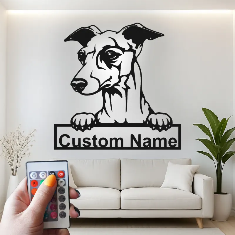 Cartel personalizado con nombre de galgo | Decoración mural de metal con LED | Decoración personalizada para mascotas en la entrada | Regalo para amantes de los perros