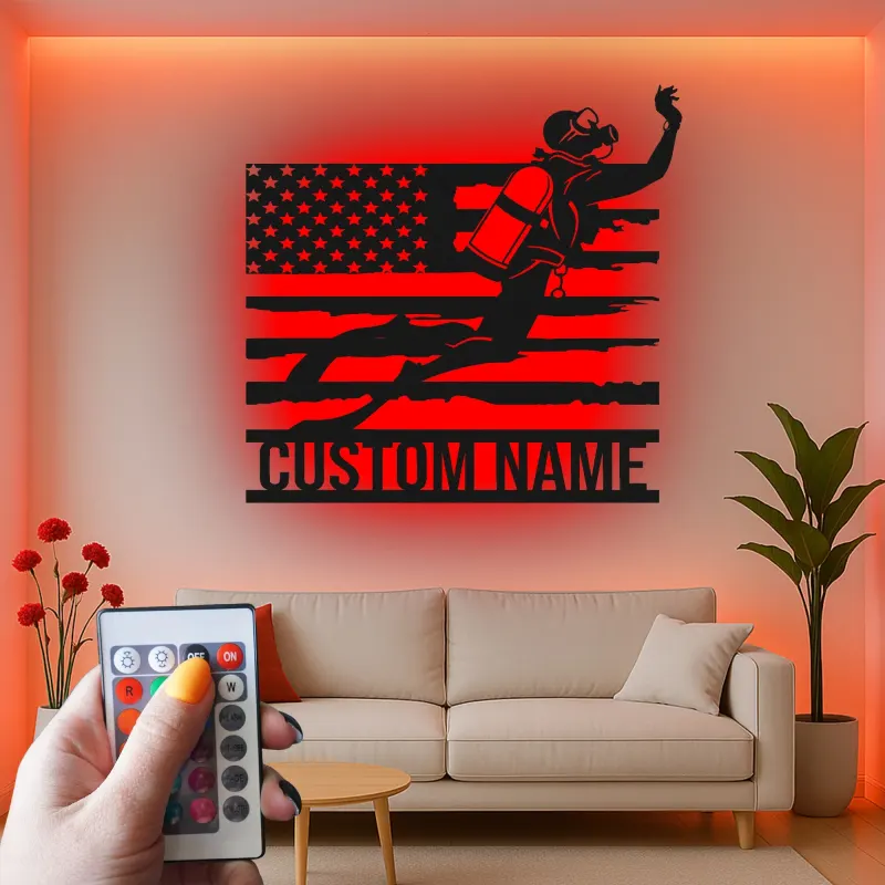 Scuba Diver American Flag LED Art | Personalized Metal Wall Decor | Custom Name Sign for Divers | Nautical Gift