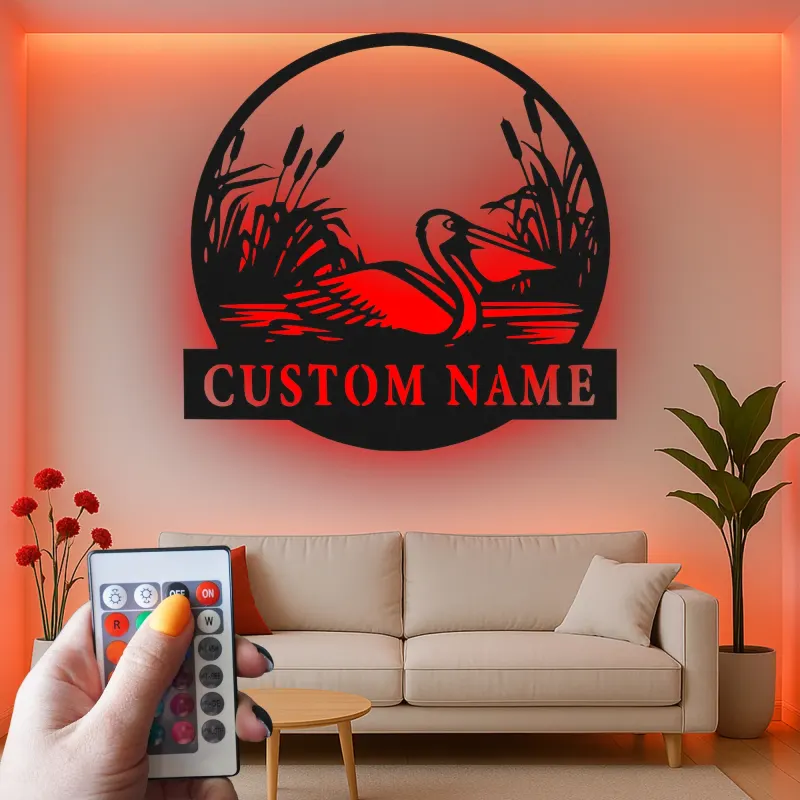 Decoración mural LED de pelícano | Cartel de metal personalizado con nombre para casas costeras | Silueta náutica de ave | Decoración para casa de playa