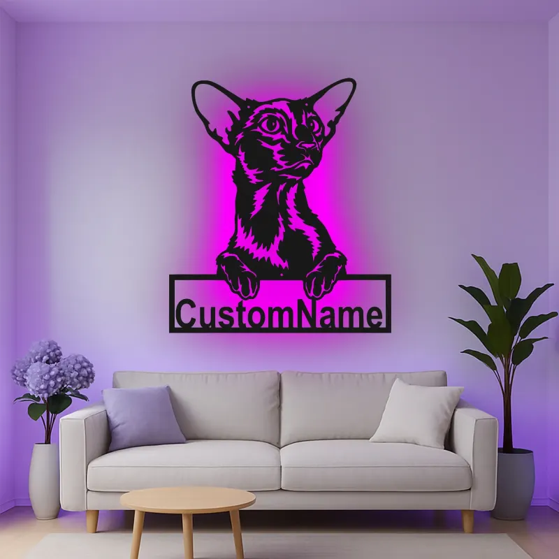 Custom Oriental Shorthair Cat Led Light Metal Wall Art Personalized Cat Lover Gift Bedroom Pet Decor