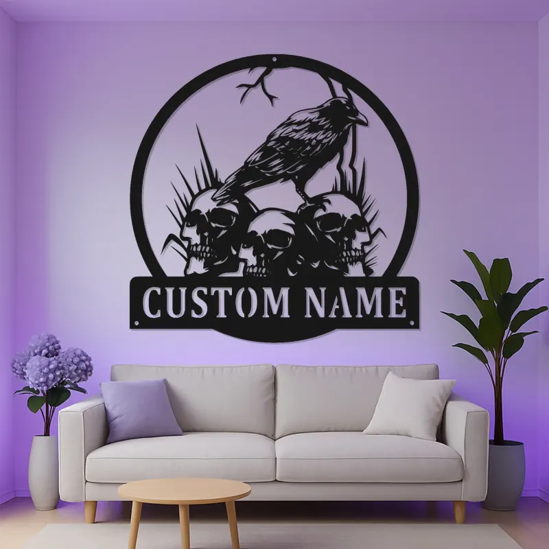 Plaque LED corbeau gothique personnalisée | Décoration murale crâne personnalisée | Décor corbeau spooky pour Halloween et la maison | Plaque prénom sur mesure