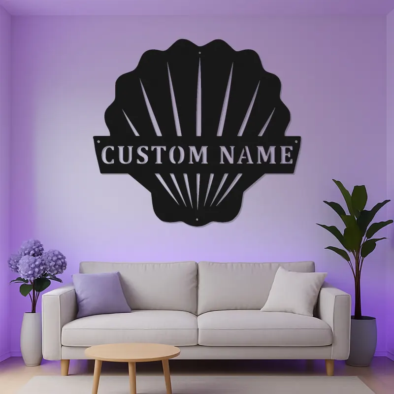 Cartel LED de Concha de Vieira | Decoración Costera Personalizada para Casa de Playa | Arte Náutico de Pared Personalizado | Placa de Nombre Inspirada en Art Deco para Baño