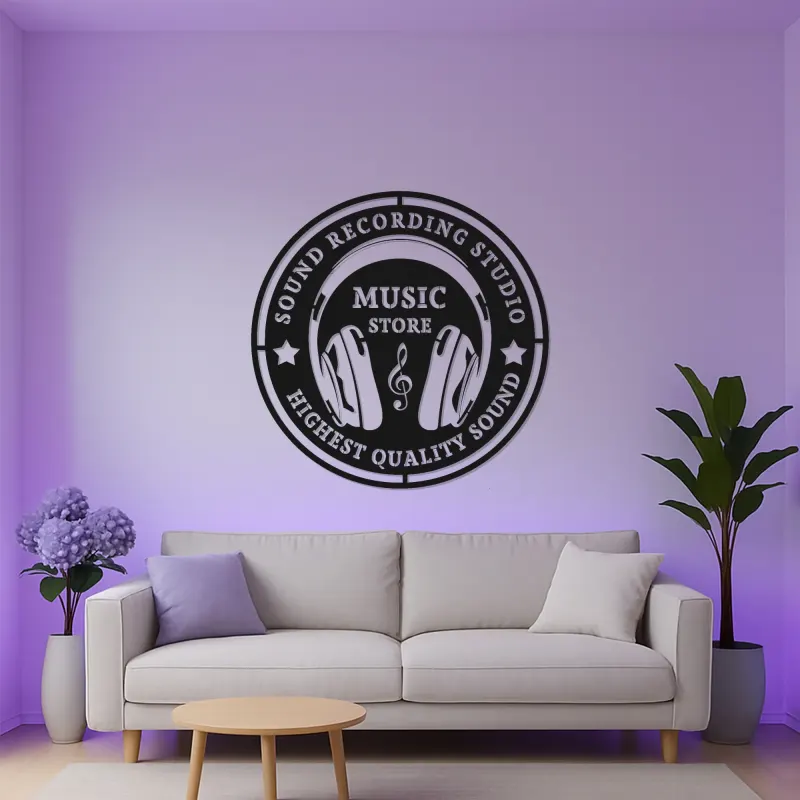 Aufnahmestudio LED-Schild | Individuelle Metallwandkunst mit Vintage-Kopfhörern | Personalisierte Musikerdekoration & DJ-Logo
