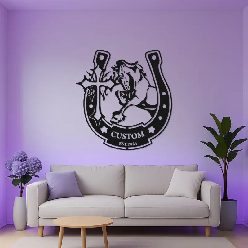 Custom Horse LED Metal Sign | Personalized Horseshoe Cross Wall Art | Equestrian Ranch Decor for Horse Lovers