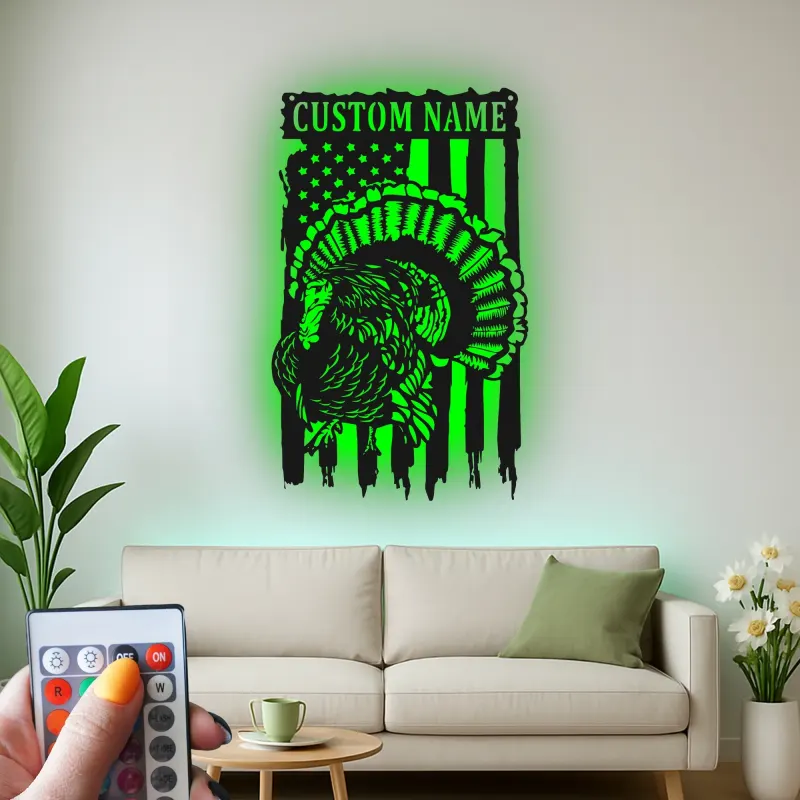 Personalisiertes LED-Metallschild mit Truthahn und amerikanischer Flagge