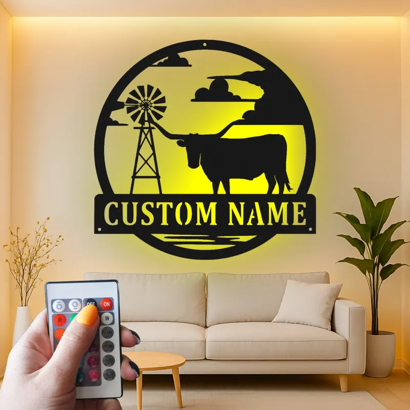 Texas Longhorn Metal Sign | Custom LED Wall Art for Modern Farmhouse Decor | Personalized Rancher & Cowboy Gift