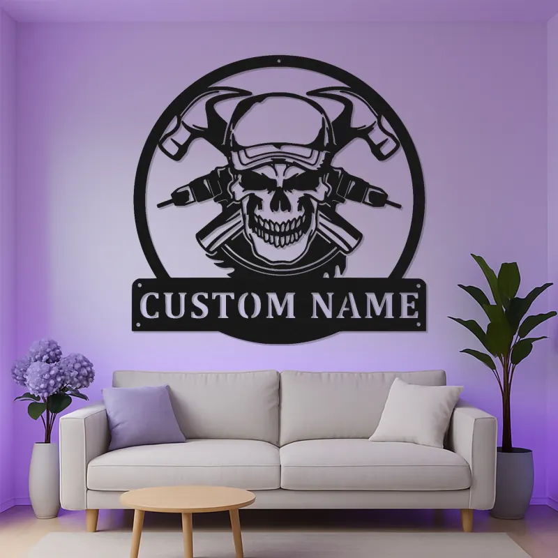 Panneau en métal personnalisé avec crâne de mécanicien | Décoration murale LED pour garage | Plaque de nom de l'atelier | Cadeau pour lui